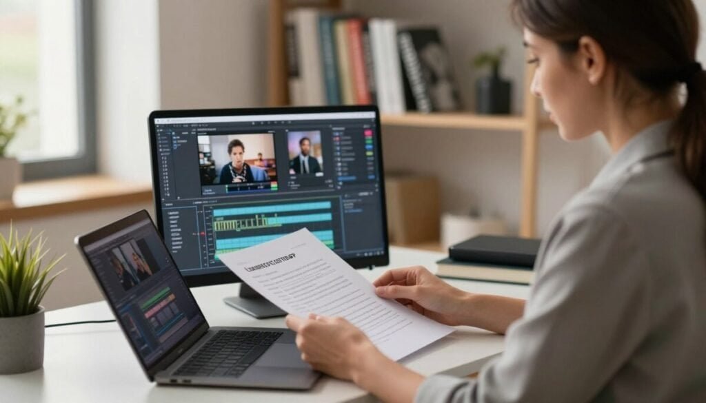 A modern workspace setting focused on the process of transcript editing for video content. In the foreground, a professional woman in business attire sits at a sleek desk, intently reviewing a printed transcript and using a laptop. Various editing tools and video clips are displayed on the screen, emphasizing a streamlined workflow. In the middle ground, a stylish bookshelf filled with video editing references and technology books enhances the creative environment. Soft, natural lighting filters through a nearby window, casting a warm glow around the area, creating an inspiring atmosphere. The background is slightly blurred to maintain focus on the editing process. The overall mood conveys productivity and innovation in the field of video editing, reflecting the importance of transcripts in optimizing content production.