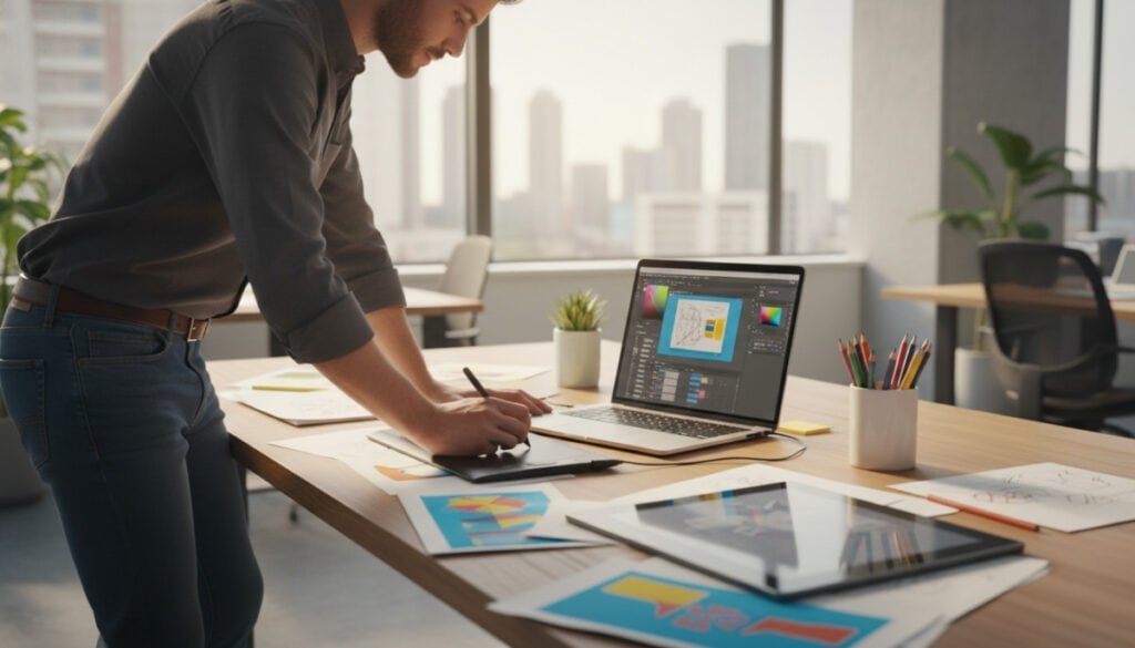 A modern workspace showcasing user-friendly design tools for content creation, featuring a sleek laptop with vibrant software interfaces on the screen. In the foreground, a professional wearing smart casual attire is engaged in creating visual content, capturing the essence of productivity and creativity. The middle ground includes a stylish desk cluttered with colorful design elements, such as graphics, sketches, and digital tablets. The background reveals a bright office environment with large windows, allowing natural light to flood the space, creating an inviting atmosphere. The overall mood is one of inspiration and ease, encouraging creativity and collaboration, with a soft-focus effect enhancing the clarity of the main subjects.