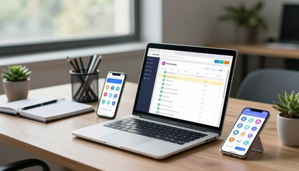 A modern workspace showcasing various scheduling platforms for social media, specifically tailored for content teams. In the foreground, a sleek laptop displays a colorful interface of a scheduling tool, its screen illuminating the surrounding area. Next to it, a smartphone shows an app with social media icons. The middle ground features a stylish desk organizer holding pens and a notebook, while a potted succulent adds a touch of greenery. In the background, a large window lets in natural light, creating a warm and inviting atmosphere, with soft shadows. The focus is on professionalism and productivity, conveying a sense of collaboration and efficiency. The color palette includes soft blues and greens, enhancing the mood of creativity and organization.