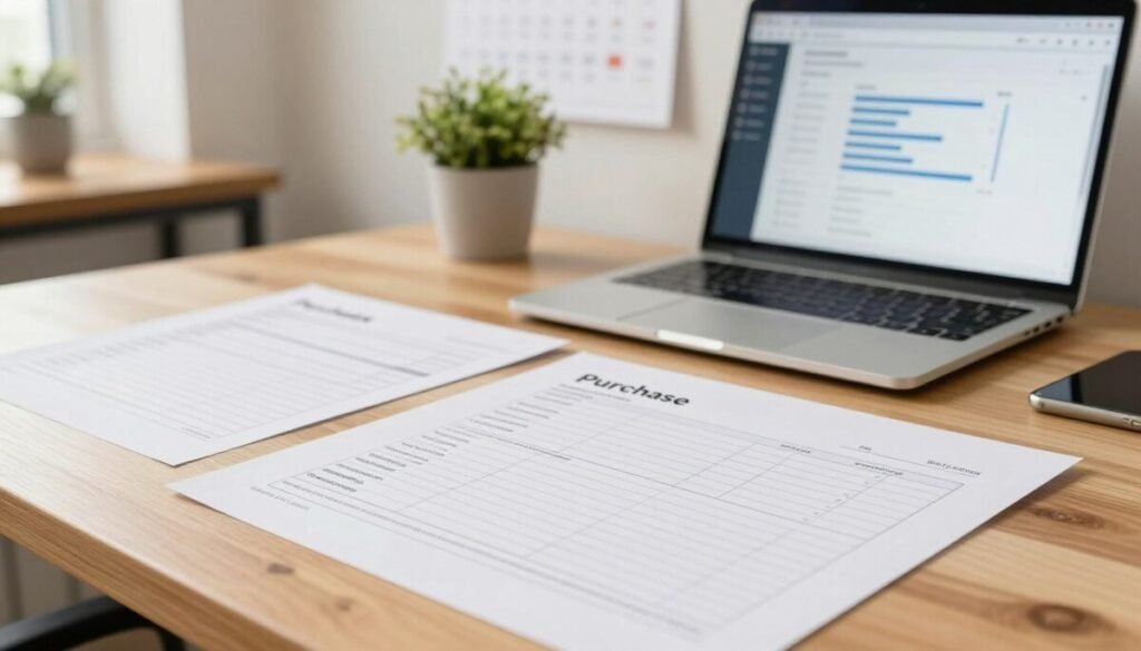 A neatly organized workspace featuring several printed purchase orders prominently displayed on a clean wooden desk. In the foreground, capture a close-up of the orders, showcasing essential details like item descriptions and quantities clearly printed. The middle ground includes a laptop open to a procurement software interface, exhibiting user-friendly navigation features and charts. In the background, a well-lit office space with a soft-focus highlights a potted plant and a calendar on the wall, conveying a sense of order and efficiency. Use warm lighting to create an inviting atmosphere, emphasizing professionalism and organization. The angle should be slightly elevated, providing a comprehensive view of the workspace without any people present. A neatly organized workspace featuring several printed purchase orders prominently displayed on a clean wooden desk. In the foreground, capture a close-up of the orders, showcasing essential details like item descriptions and quantities clearly printed. The middle ground includes a laptop open to a procurement software interface, exhibiting user-friendly navigation features and charts. In the background, a well-lit office space with a soft-focus highlights a potted plant and a calendar on the wall, conveying a sense of order and efficiency. Use warm lighting to create an inviting atmosphere, emphasizing professionalism and organization. The angle should be slightly elevated, providing a comprehensive view of the workspace without any people present.