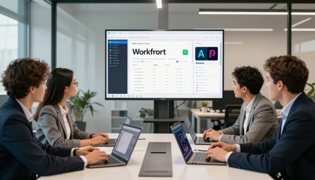 A professional and dynamic office setting showcasing the seamless integration of Workfront and Adobe tools. In the foreground, a diverse team of four professionals in business attire collaborates around a sleek conference table, with laptops open and Adobe design software visible on their screens. The middle ground features large digital screens displaying the Workfront dashboard alongside Adobe Creative Cloud applications, illustrating real-time project management. In the background, modern office decor with glass walls allows natural light to flood the space, creating a bright and inspiring atmosphere. The mood is collaborative and productive, highlighting innovation within the Adobe ecosystem. The focus is on teamwork, efficiency, and creativity, emphasizing the synergy of technology in resource management. A professional and dynamic office setting showcasing the seamless integration of Workfront and Adobe tools. In the foreground, a diverse team of four professionals in business attire collaborates around a sleek conference table, with laptops open and Adobe design software visible on their screens. The middle ground features large digital screens displaying the Workfront dashboard alongside Adobe Creative Cloud applications, illustrating real-time project management. In the background, modern office decor with glass walls allows natural light to flood the space, creating a bright and inspiring atmosphere. The mood is collaborative and productive, highlighting innovation within the Adobe ecosystem. The focus is on teamwork, efficiency, and creativity, emphasizing the synergy of technology in resource management.