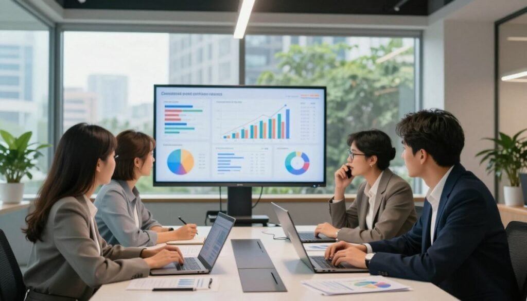 A professional and modern office environment showcasing content performance analytics. In the foreground, a diverse group of three business professionals, two women and one man, are deeply engaged around a sleek conference table covered with laptops, analytics charts, and digital devices. They wear smart business attire and are actively discussing strategies. In the middle ground, large screens display colorful graphs and performance metrics, depicting growth and progress in content engagement. The background features a bright window with a cityscape view, filled with greenery, allowing natural light to illuminate the space. The overall mood is focused and collaborative, suggesting innovation and competence in B2B content creation and personal branding strategies. Use soft, warm lighting to create an inviting atmosphere, with a slightly wide-angle lens perspective that enhances the professional setting. A professional and modern office environment showcasing content performance analytics. In the foreground, a diverse group of three business professionals, two women and one man, are deeply engaged around a sleek conference table covered with laptops, analytics charts, and digital devices. They wear smart business attire and are actively discussing strategies. In the middle ground, large screens display colorful graphs and performance metrics, depicting growth and progress in content engagement. The background features a bright window with a cityscape view, filled with greenery, allowing natural light to illuminate the space. The overall mood is focused and collaborative, suggesting innovation and competence in B2B content creation and personal branding strategies. Use soft, warm lighting to create an inviting atmosphere, with a slightly wide-angle lens perspective that enhances the professional setting.