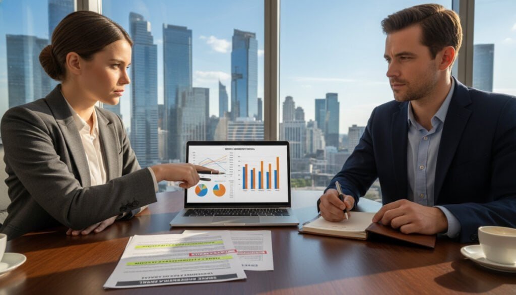 A professional business meeting scene centered around contract negotiations during renewals. In the foreground, two business professionals, a woman and a man, engage in a focused discussion at a sleek modern conference table, both dressed in smart business attire. The woman gestures towards a laptop displaying contract graphs, while the man takes notes. In the middle, a document with clear, highlighted key terms is open on the table, symbolizing negotiation tactics. The background features a large window showcasing a city skyline, with natural sunlight casting warm light into the room, creating a productive, optimistic atmosphere. The camera angle is slightly elevated to capture the participants' expressions and the dynamic interaction, emphasizing a sense of empowerment and collaboration in the negotiation process. A professional business meeting scene centered around contract negotiations during renewals. In the foreground, two business professionals, a woman and a man, engage in a focused discussion at a sleek modern conference table, both dressed in smart business attire. The woman gestures towards a laptop displaying contract graphs, while the man takes notes. In the middle, a document with clear, highlighted key terms is open on the table, symbolizing negotiation tactics. The background features a large window showcasing a city skyline, with natural sunlight casting warm light into the room, creating a productive, optimistic atmosphere. The camera angle is slightly elevated to capture the participants' expressions and the dynamic interaction, emphasizing a sense of empowerment and collaboration in the negotiation process.