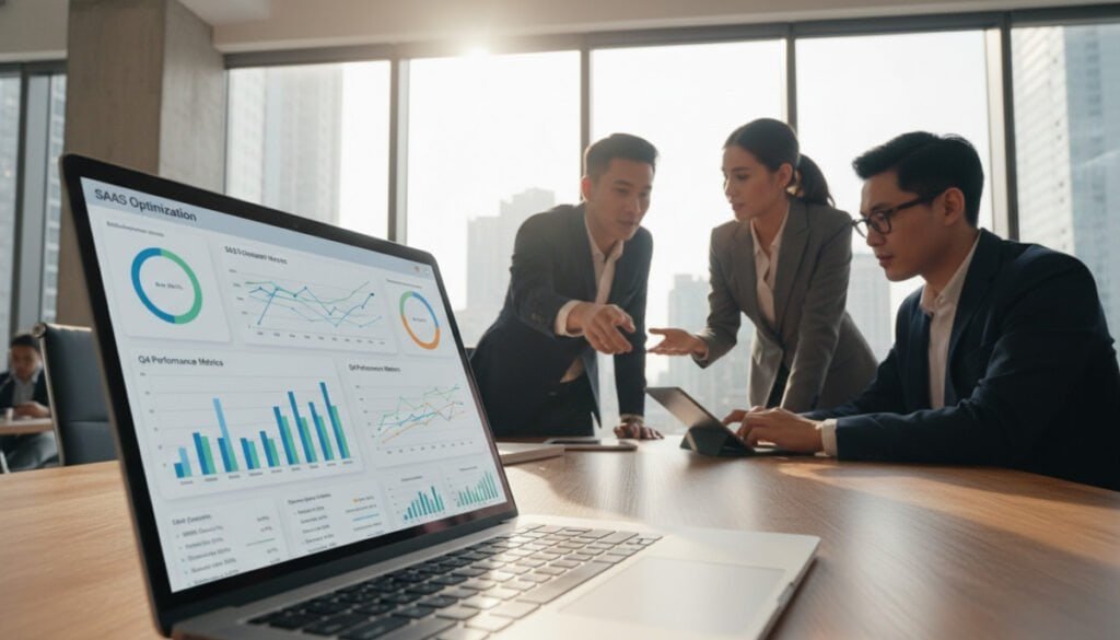 A professional business setting featuring a diverse group of individuals in formal attire engaged in a collaborative meeting. In the foreground, a laptop displays intricate graphs and performance metrics related to SaaS optimization on the screen. In the middle ground, two professionals point at the screen, deep in discussion, while a third person takes notes on a digital tablet. The background showcases a modern office environment with large windows allowing natural light to illuminate the room, creating a bright and focused atmosphere. The lens is positioned at an engaging angle that captures the energy of collaboration and innovation. The overall mood is one of motivation and purpose, emphasizing growth and enhanced performance through technology and teamwork. A professional business setting featuring a diverse group of individuals in formal attire engaged in a collaborative meeting. In the foreground, a laptop displays intricate graphs and performance metrics related to SaaS optimization on the screen. In the middle ground, two professionals point at the screen, deep in discussion, while a third person takes notes on a digital tablet. The background showcases a modern office environment with large windows allowing natural light to illuminate the room, creating a bright and focused atmosphere. The lens is positioned at an engaging angle that captures the energy of collaboration and innovation. The overall mood is one of motivation and purpose, emphasizing growth and enhanced performance through technology and teamwork.