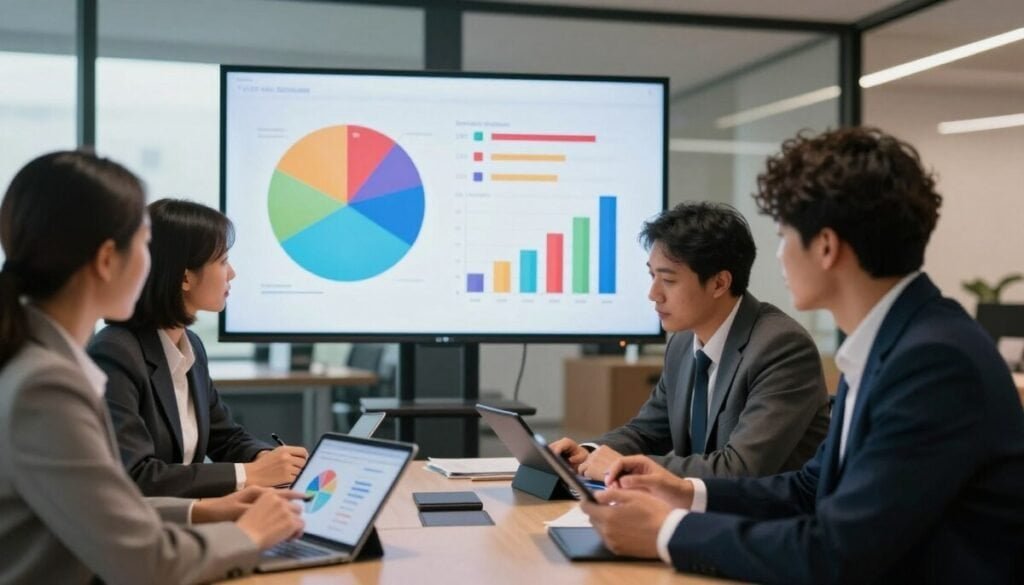 A professional business setting illustrating the concept of customer segmentation. In the foreground, a diverse group of professionals in business attire collaboratively analyzing data on tablets and graphs, showing their engagement in a strategic meeting. In the middle ground, a large digital screen displays colorful pie charts and segmented bar graphs that represent different customer demographics. The background features a modern office space with large windows allowing natural light to filter in, enhancing the atmosphere of innovation and teamwork. Soft, diffused lighting casts a warm tone, creating an inviting and focused mood. The perspective is slightly angled to add depth, emphasizing the dynamic interaction among team members.