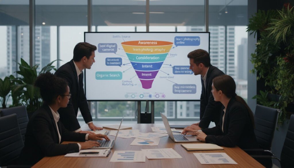 A professional business setting showcasing the alignment of SEO strategy with the marketing funnel. In the foreground, a diverse group of three professionals, dressed in smart business attire, discuss around a sleek conference table filled with laptops, charts, and digital graphs. In the middle ground, a large screen displays a colorful funnel diagram integrating SEO keywords, traffic sources, and customer journey stages, illuminated by soft, warm lighting. The background features a modern office space with glass walls and greenery, creating a fresh and inspiring atmosphere. The perspective captures an angle slightly above eye level, emphasizing collaboration and strategic discussion, with focus and clarity to highlight the importance of SEO in marketing strategies. A professional business setting showcasing the alignment of SEO strategy with the marketing funnel. In the foreground, a diverse group of three professionals, dressed in smart business attire, discuss around a sleek conference table filled with laptops, charts, and digital graphs. In the middle ground, a large screen displays a colorful funnel diagram integrating SEO keywords, traffic sources, and customer journey stages, illuminated by soft, warm lighting. The background features a modern office space with glass walls and greenery, creating a fresh and inspiring atmosphere. The perspective captures an angle slightly above eye level, emphasizing collaboration and strategic discussion, with focus and clarity to highlight the importance of SEO in marketing strategies.