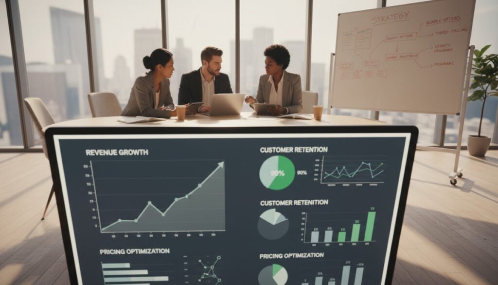 A professional business setting with a diverse team of three individuals collaborating around a modern conference table, analyzing data on laptops and tablets. The foreground features a sleek digital display showing graphs and statistics related to pricing optimization, with visible upward trends and customer retention metrics. In the middle ground, a whiteboard is filled with brainstorming notes and pricing strategies. The background includes large windows allowing natural light to flood the room, casting soft shadows. The atmosphere is focused and energetic, conveying a sense of collaboration and innovation. Use a wide-angle lens to capture the full scene, with bright, warm lighting to enhance the positive mood.
