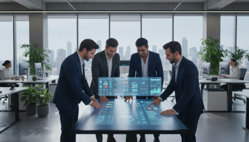 A professional environment showcasing the concept of "Customization and Flexibility in SaaS Models." In the foreground, a diverse group of business people in business attire enthusiastically collaborating over a large digital screen displaying various customizable software dashboards, graphs, and user interfaces. In the middle ground, a modern, open office space filled with ergonomic workstations, plants, and tech gadgets, symbolizing innovation. In the background, large windows allow natural light to flood the space, casting soft shadows and creating a positive, energetic atmosphere. The lens perspective is slightly elevated, providing a dynamic view of teamwork and technology with a bright, motivating color palette reflecting the flexibility and adaptability of SaaS solutions.