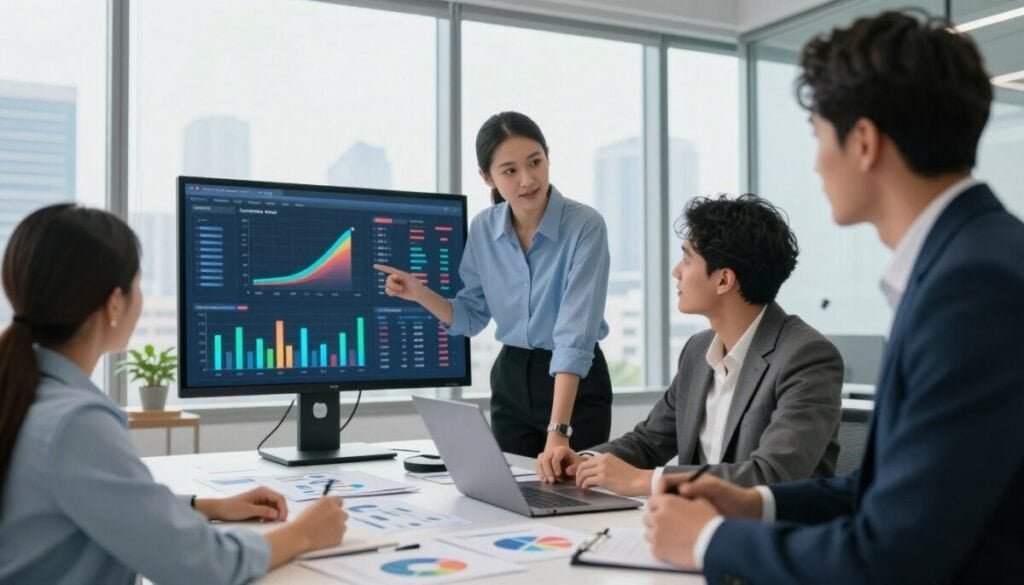 A professional marketing team analyzing conversion rates in a bright, modern office. In the foreground, a diverse group of three team members, two men and one woman, are focused on a large digital dashboard displaying colorful graphs and metrics, wearing smart business attire. In the middle ground, a sleek table with laptops and marketing materials, showcasing charts and statistics. The background features floor-to-ceiling windows with a city skyline, letting in soft natural light that creates a productive atmosphere. The camera angle captures the team in action, suggesting collaboration, determination, and success in measuring optimization efforts. The mood is optimistic and energetic, emphasizing data-driven decisions in marketing. A professional marketing team analyzing conversion rates in a bright, modern office. In the foreground, a diverse group of three team members, two men and one woman, are focused on a large digital dashboard displaying colorful graphs and metrics, wearing smart business attire. In the middle ground, a sleek table with laptops and marketing materials, showcasing charts and statistics. The background features floor-to-ceiling windows with a city skyline, letting in soft natural light that creates a productive atmosphere. The camera angle captures the team in action, suggesting collaboration, determination, and success in measuring optimization efforts. The mood is optimistic and energetic, emphasizing data-driven decisions in marketing.