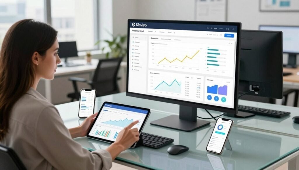 A professional, modern workspace featuring a large digital display showcasing Klaviyo's predictive email analytics dashboard. In the foreground, a confident businesswoman in smart casual attire analyzes data on a tablet, surrounded by mobile devices displaying graphs and statistics. The middle ground features a sleek, translucent glass table with color-coded charts and trend lines representing e-commerce data. In the background, a bright office with soft, natural lighting creates an inviting atmosphere, while a cityscape can be seen through large windows, symbolizing growth and innovation in digital marketing. The mood is focused and productive, reflecting the advanced analytics capabilities of Klaviyo.