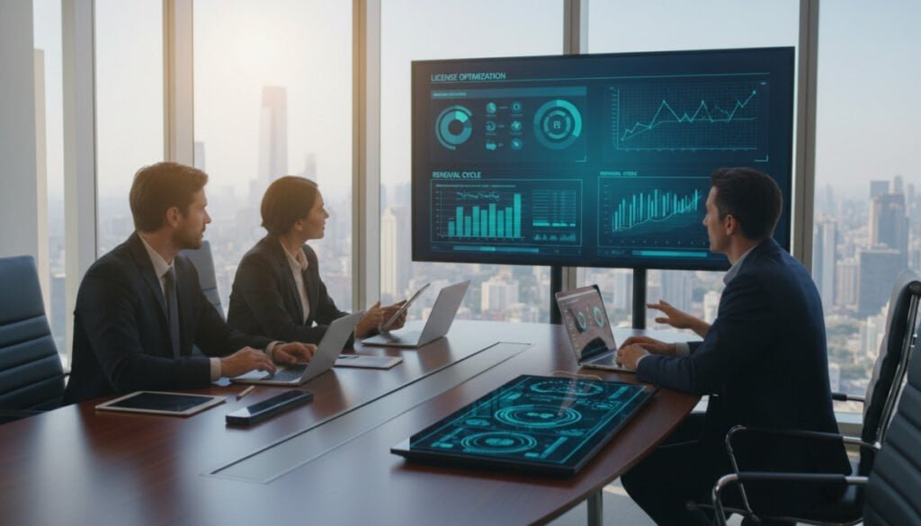 A professional office environment focused on optimizing license allocation and renewal processes. In the foreground, a diverse group of business professionals—two men and two women—are engaged in discussion around a sleek conference table, analyzing charts and digital graphs displayed on a large screen. The middle ground features modern technology like laptops, tablets, and a digital dashboard showcasing real-time data. In the background, large windows with city views let in warm, natural light, creating a bright and productive atmosphere. The scene conveys a sense of collaboration, efficiency, and modernity with a color palette of blues, greens, and soft grays. The perspective is slightly angled to capture both the active discussions and the high-tech environment, evoking a feeling of innovation and strategy. A professional office environment focused on optimizing license allocation and renewal processes. In the foreground, a diverse group of business professionals—two men and two women—are engaged in discussion around a sleek conference table, analyzing charts and digital graphs displayed on a large screen. The middle ground features modern technology like laptops, tablets, and a digital dashboard showcasing real-time data. In the background, large windows with city views let in warm, natural light, creating a bright and productive atmosphere. The scene conveys a sense of collaboration, efficiency, and modernity with a color palette of blues, greens, and soft grays. The perspective is slightly angled to capture both the active discussions and the high-tech environment, evoking a feeling of innovation and strategy.