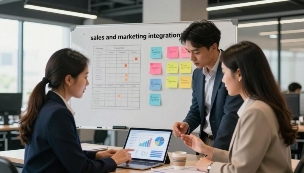 A professional office environment illustrating “sales and marketing integrations” with digital devices and technology. In the foreground, a diverse group of three business professionals, a woman in a sleek blazer, a man in a sharp suit, and a woman in smart casual wear, collaboratively discuss strategies over a tablet displaying graphs and charts. In the middle ground, a large whiteboard filled with marketing plans and project timelines, along with colorful sticky notes representing different marketing campaigns. The background features a modern office space with large windows allowing natural light to flood in, creating an inviting atmosphere. The scene captures a sense of teamwork and innovation, with warm lighting to evoke a focused yet friendly mood. The image composition emphasizes collaboration in a dynamic workspace without any distractions or text. A professional office environment illustrating “sales and marketing integrations” with digital devices and technology. In the foreground, a diverse group of three business professionals, a woman in a sleek blazer, a man in a sharp suit, and a woman in smart casual wear, collaboratively discuss strategies over a tablet displaying graphs and charts. In the middle ground, a large whiteboard filled with marketing plans and project timelines, along with colorful sticky notes representing different marketing campaigns. The background features a modern office space with large windows allowing natural light to flood in, creating an inviting atmosphere. The scene captures a sense of teamwork and innovation, with warm lighting to evoke a focused yet friendly mood. The image composition emphasizes collaboration in a dynamic workspace without any distractions or text.