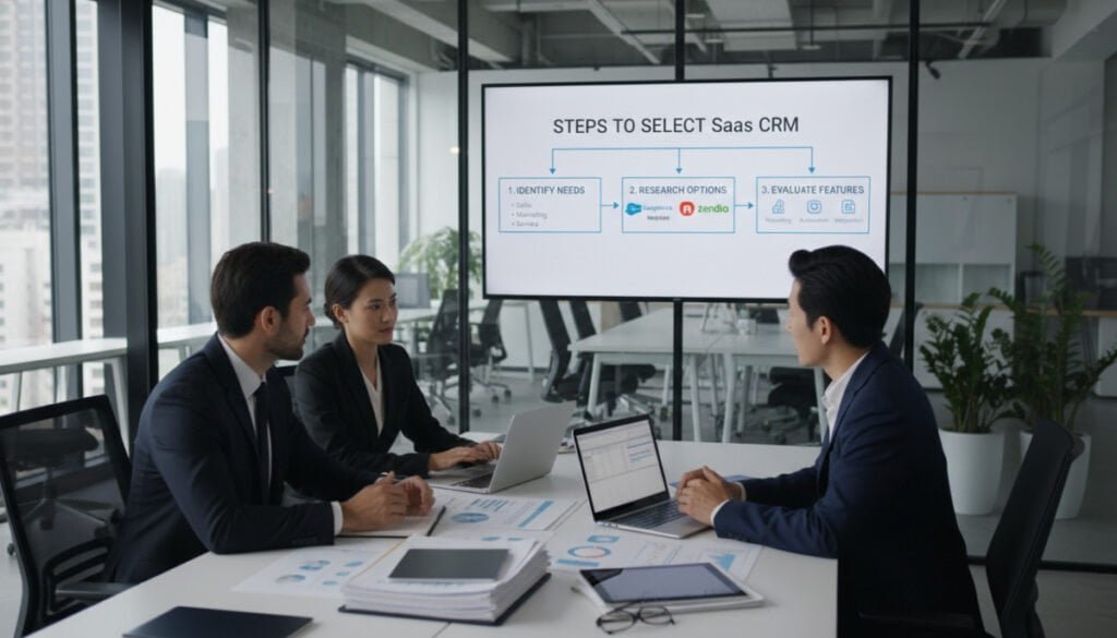 A professional office environment illustrating the "Steps to Choose SaaS CRM." In the foreground, a diverse group of three business professionals in smart business attire, discussing their options over a table filled with laptops, documents, and evaluation charts. In the middle, a large screen displaying a flowchart of key steps such as "Identify Needs," "Research Options," and "Evaluate Features," with visuals of popular CRM logos. The background features an open office with glass walls, modern furniture, and greenery, creating a fresh, collaborative atmosphere. Soft, natural lighting filters through the windows, emphasizing a mood of focus and productivity. The image captures the essence of teamwork and strategic decision-making in a contemporary workspace, ideal for a business article.