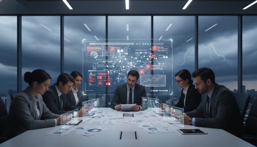 A professional office environment illustrating the concept of "Common Challenges with SaaS Solutions." In the foreground, a diverse group of business professionals in business attire, looking frustrated as they review documents and charts on a conference table, highlighting issues like data security, integration, and downtime. In the middle, a large screen displays a complex SaaS dashboard with error messages and alerts. The background features a modern office with glass walls, symbolizing transparency, but with dark clouds outside the windows to represent potential challenges. The lighting is bright and artificial, creating a stark contrast between the indoor environment and the gloomy exterior, evoking tension and concern about the risks associated with SaaS solutions. The overall mood is one of seriousness and contemplation.