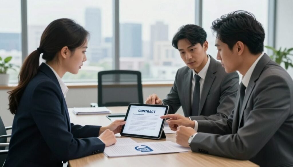 A professional office environment showcasing a contract management security theme. In the foreground, a diverse group of three business professionals—one woman and two men—are intently discussing a digital tablet displaying contracts, all dressed in smart business attire. The middle ground features a sleek conference table surrounded by modern office chairs, with security-related documents and a lock symbol subtly visible. In the background, tall windows offer a glimpse of a city skyline under soft, natural daylight, creating an aura of trust and efficiency. The mood is focused and collaborative, emphasizing the importance of security and compliance in contract management, with soft shadows and balanced lighting enhancing the professional atmosphere. A professional office environment showcasing a contract management security theme. In the foreground, a diverse group of three business professionals—one woman and two men—are intently discussing a digital tablet displaying contracts, all dressed in smart business attire. The middle ground features a sleek conference table surrounded by modern office chairs, with security-related documents and a lock symbol subtly visible. In the background, tall windows offer a glimpse of a city skyline under soft, natural daylight, creating an aura of trust and efficiency. The mood is focused and collaborative, emphasizing the importance of security and compliance in contract management, with soft shadows and balanced lighting enhancing the professional atmosphere.