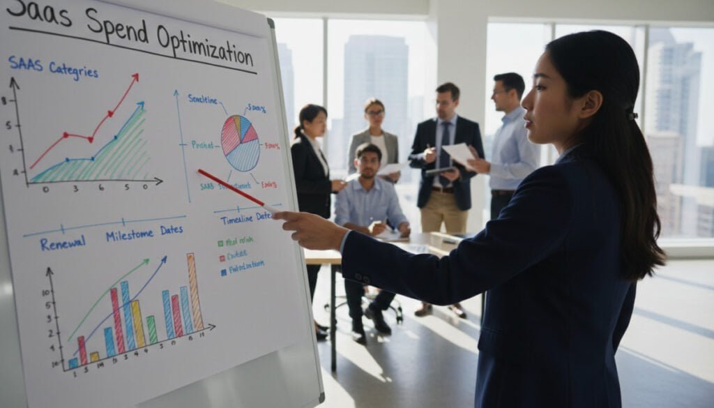 A professional office environment showcasing a diverse group of business professionals intently analyzing SaaS spend tracking strategies. In the foreground, a whiteboard filled with colorful graphs and renewal milestone charts takes center stage. In the middle, business professionals in smart attire, including a mixed-gender group of individuals, are engaged in discussion, pointing at the data, and taking notes. The background features large windows allowing natural light to illuminate the space, creating a bright and inspiring atmosphere. Soft shadows are cast across the room, enhancing the sense of focus and collaboration. The image has a slightly shallow depth of field to emphasize the whiteboard and the engaged professionals, conveying seriousness and commitment to optimizing costs and monitoring SaaS expenses. A professional office environment showcasing a diverse group of business professionals intently analyzing SaaS spend tracking strategies. In the foreground, a whiteboard filled with colorful graphs and renewal milestone charts takes center stage. In the middle, business professionals in smart attire, including a mixed-gender group of individuals, are engaged in discussion, pointing at the data, and taking notes. The background features large windows allowing natural light to illuminate the space, creating a bright and inspiring atmosphere. Soft shadows are cast across the room, enhancing the sense of focus and collaboration. The image has a slightly shallow depth of field to emphasize the whiteboard and the engaged professionals, conveying seriousness and commitment to optimizing costs and monitoring SaaS expenses.