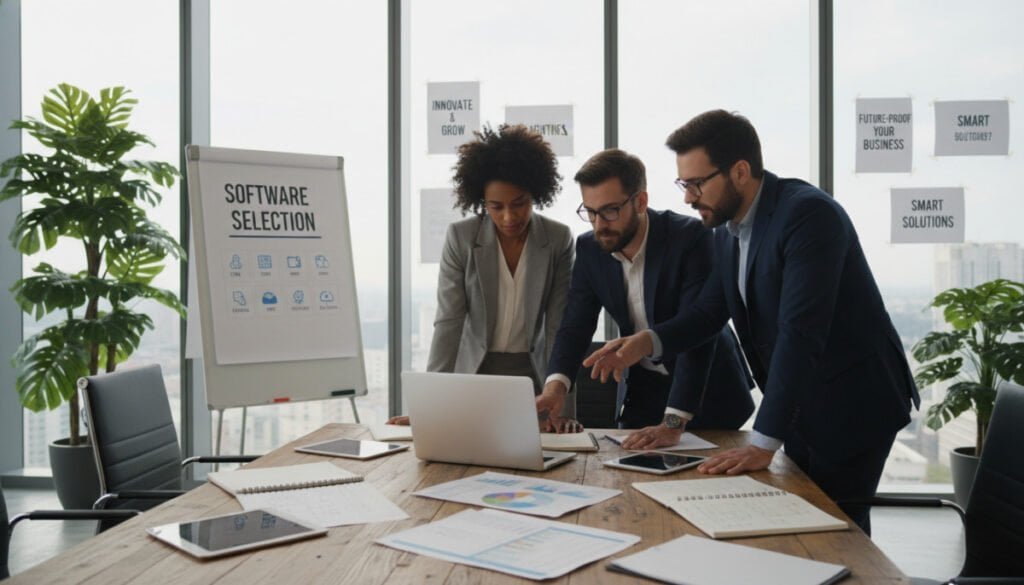 A professional office setting designed to illustrate "Identifying the Ideal Software for Your Business". In the foreground, a diverse group of three individuals, a woman and two men, all dressed in smart business attire, are engaged in a discussion while looking at a laptop screen displaying software options. In the middle, a large table scattered with documents, digital devices, and a notepad filled with notes, emphasizing collaboration. The background features a modern office with glass walls, potted plants, and inspirational tech-themed posters. Soft, natural lighting filters through large windows, casting gentle shadows. The atmosphere is focused and productive, conveying a sense of determination and innovation as they analyze software choices together. A professional office setting designed to illustrate "Identifying the Ideal Software for Your Business". In the foreground, a diverse group of three individuals, a woman and two men, all dressed in smart business attire, are engaged in a discussion while looking at a laptop screen displaying software options. In the middle, a large table scattered with documents, digital devices, and a notepad filled with notes, emphasizing collaboration. The background features a modern office with glass walls, potted plants, and inspirational tech-themed posters. Soft, natural lighting filters through large windows, casting gentle shadows. The atmosphere is focused and productive, conveying a sense of determination and innovation as they analyze software choices together.