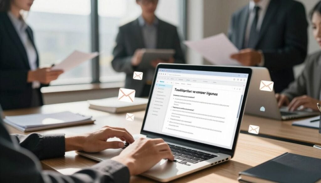 A professional office setting featuring a clutter-free desk with a laptop open, displaying a vibrant email interface. In the foreground, a pair of hands typing on the keyboard, showcasing a range of common pitfalls such as overly complicated language, excessive jargon, and lack of personalization illustrated by floating icons or symbols around them. In the middle ground, a large window with natural light streaming in, casting soft shadows and creating a warm atmosphere. The background includes blurred outlines of confident professionals in business attire engaged in discussions or reviewing printed materials, emphasizing a collaborative work environment. The overall mood is focused and productive, encouraging clarity and engagement in email copywriting.