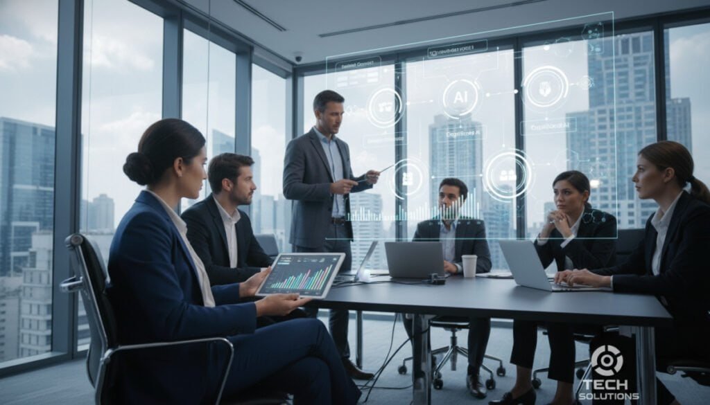 A professional office setting featuring a diverse group of business people engaged in discussing AI optimization tools. In the foreground, a woman in a smart business suit is analyzing a digital tablet, showcasing colorful graphs and analytics related to ROI. In the middle ground, a man in a tailored blazer points at a large screen displaying various AI optimization software options with impressive visualizations. The background includes a modern conference room with glass walls, soft natural light streaming in, and a city skyline visible outside. The atmosphere is focused and collaborative, reflecting the importance of selecting the right tools for maximizing ROI. The image should convey a sense of professionalism and modernity, highlighting technology's role in decision-making.
