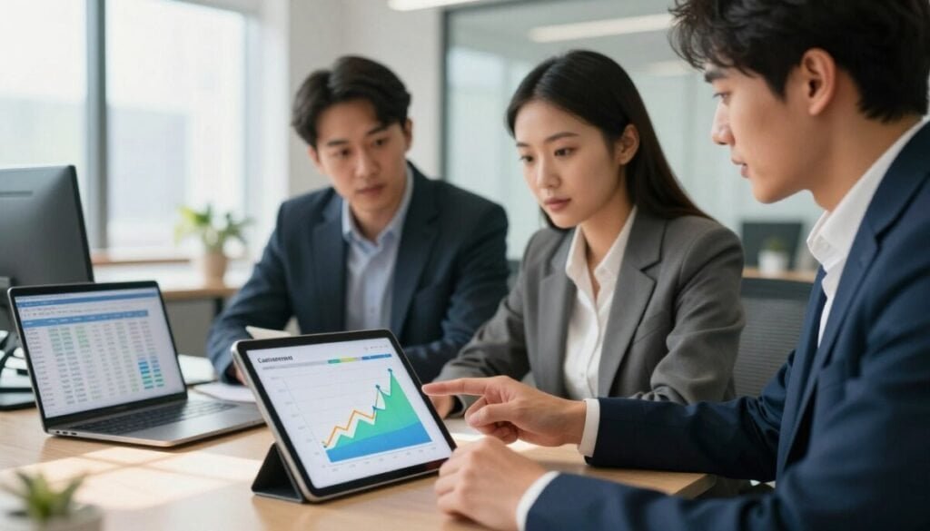 A professional office setting showcasing a diverse team of individuals analyzing cash flow on digital devices. In the foreground, a tablet displays a colorful cash flow chart with clear upward trends. The middle ground features two colleagues, a man and a woman, dressed in smart business attire, engaged in discussion, pointing at the chart. Nearby, a laptop shows a spreadsheet with financial data. The background features a modern, well-lit office with large windows allowing natural light to stream in, casting soft shadows. The atmosphere is focused and collaborative, emphasizing productivity and the importance of managing costs effectively. A professional office setting showcasing a diverse team of individuals analyzing cash flow on digital devices. In the foreground, a tablet displays a colorful cash flow chart with clear upward trends. The middle ground features two colleagues, a man and a woman, dressed in smart business attire, engaged in discussion, pointing at the chart. Nearby, a laptop shows a spreadsheet with financial data. The background features a modern, well-lit office with large windows allowing natural light to stream in, casting soft shadows. The atmosphere is focused and collaborative, emphasizing productivity and the importance of managing costs effectively.
