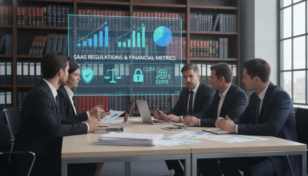 A professional office setting showcasing the financial and legal aspects of SaaS compliance. In the foreground, a diverse group of business professionals in business attire, engaged in a serious discussion around a modern conference table covered with financial documents, charts, and laptops. In the middle ground, a large digital screen displays graphs and legal compliance icons, illustrating SaaS regulations and financial metrics. The background features shelves filled with legal books and compliance manuals, hinting at the importance of knowledge in this field. Soft, natural lighting illuminates the room, casting subtle shadows, and emphasizing a mood of diligence and focus. The perspective is slightly angled to capture the depth of the room, drawing the viewer into the discussion.