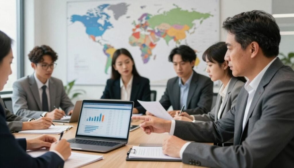 A professional office setting with a diverse team of businesspeople engaged in a discussion around a large conference table, focusing on global sales tax and compliance. The foreground features a serious-looking middle-aged man, dressed in a tailored suit, pointing at a laptop screen displaying charts and tax-related data. In the middle, a woman in a smart blazer is taking notes while another colleague, wearing glasses, is analyzing documents. The background showcases a large world map on the wall, with specific regions highlighted in vibrant colors. Soft, natural lighting filters through large windows, creating a collaborative and focused atmosphere. The camera angle is slightly elevated, capturing both the intensity of the meeting and the surrounding professional decor. A professional office setting with a diverse team of businesspeople engaged in a discussion around a large conference table, focusing on global sales tax and compliance. The foreground features a serious-looking middle-aged man, dressed in a tailored suit, pointing at a laptop screen displaying charts and tax-related data. In the middle, a woman in a smart blazer is taking notes while another colleague, wearing glasses, is analyzing documents. The background showcases a large world map on the wall, with specific regions highlighted in vibrant colors. Soft, natural lighting filters through large windows, creating a collaborative and focused atmosphere. The camera angle is slightly elevated, capturing both the intensity of the meeting and the surrounding professional decor.