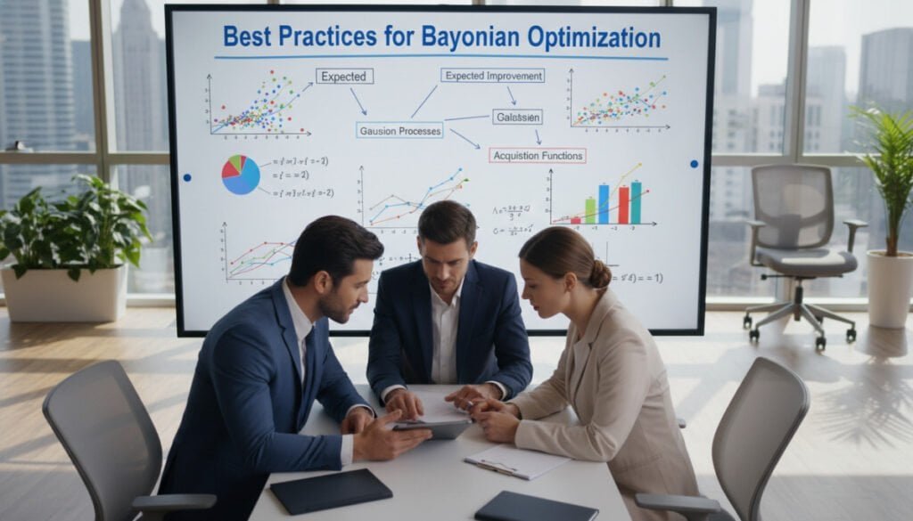 A professional setting showcasing the "Best Practices for Bayesian Optimization" in a corporate environment. In the foreground, a diverse team of three business professionals (two men and one woman) engaged in a collaborative discussion, all dressed in smart business attire. In the middle ground, a large whiteboard filled with colorful charts, graphs, and equations related to Bayesian optimization techniques, clearly illustrating data analysis. The background features a modern office with large windows, allowing natural light to flood the room, casting soft shadows. The atmosphere is inspiring and focused, with a sense of innovation and collaboration. The composition should capture depth using a slight tilt-down angle to emphasize the teamwork and data-driven decision-making aspects of Bayesian optimization practices. A professional setting showcasing the "Best Practices for Bayesian Optimization" in a corporate environment. In the foreground, a diverse team of three business professionals (two men and one woman) engaged in a collaborative discussion, all dressed in smart business attire. In the middle ground, a large whiteboard filled with colorful charts, graphs, and equations related to Bayesian optimization techniques, clearly illustrating data analysis. The background features a modern office with large windows, allowing natural light to flood the room, casting soft shadows. The atmosphere is inspiring and focused, with a sense of innovation and collaboration. The composition should capture depth using a slight tilt-down angle to emphasize the teamwork and data-driven decision-making aspects of Bayesian optimization practices.
