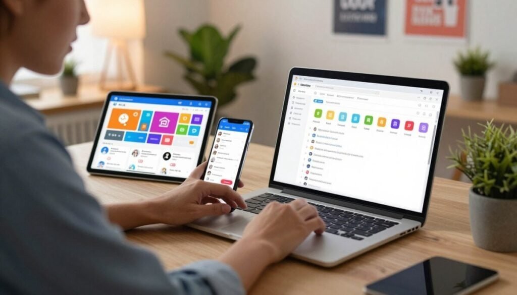 A professional social media manager engaged in multitasking, depicted in a modern office setting. In the foreground, the manager, a person in smart casual attire, is intensely focused on a laptop screen filled with social media notifications, colorful icons, and an organized inbox. In the middle, a smartphone and tablet display various social media platforms, showcasing vibrant interactions such as comments and likes. The background features a cozy, well-lit office space with motivational posters and a leafy plant, fostering a productive atmosphere. Soft, warm lighting creates a welcoming vibe, while a wide-angle perspective captures the essence of efficient workflow, highlighting the connection between social media engagement and effective inbox management.
