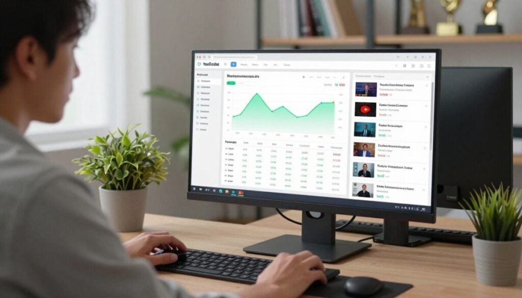 A professional workspace featuring a high-tech dashboard on a sleek computer screen, displaying analytics and key performance indicators for multiple YouTube channels. In the foreground, a focused individual in smart casual attire is interacting with the dashboard, using a mouse to navigate through various metrics. In the middle, the screen shows vivid graphs, subscriber counts, and video engagement stats, all well-organized and colorful. The background features a modern office setting with soft ambient lighting, a potted plant, and shelves with books and awards, creating a productive atmosphere. The overall mood of the image is one of efficiency and creativity, capturing the essence of managing multiple channels effectively. A professional workspace featuring a high-tech dashboard on a sleek computer screen, displaying analytics and key performance indicators for multiple YouTube channels. In the foreground, a focused individual in smart casual attire is interacting with the dashboard, using a mouse to navigate through various metrics. In the middle, the screen shows vivid graphs, subscriber counts, and video engagement stats, all well-organized and colorful. The background features a modern office setting with soft ambient lighting, a potted plant, and shelves with books and awards, creating a productive atmosphere. The overall mood of the image is one of efficiency and creativity, capturing the essence of managing multiple channels effectively.