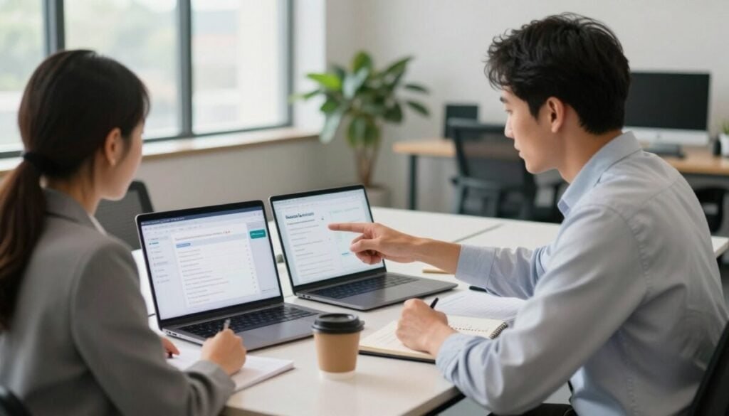 A professional workspace featuring two diverse individuals analyzing user feedback tools on sleek laptops at a modern conference table. In the foreground, one person, a woman in professional attire, is pointing at a screen displaying user feedback metrics, while the other, a man in a formal shirt, is taking notes. The middle ground includes documents and a coffee cup, emphasizing collaboration. In the background, large windows provide natural light, illuminating the scene, with a soft, modern office setting featuring indoor plants and tech gadgets. The atmosphere is focused and insightful, conveying a sense of teamwork and product understanding, ideal for exploring support contexts in user feedback tools. A professional workspace featuring two diverse individuals analyzing user feedback tools on sleek laptops at a modern conference table. In the foreground, one person, a woman in professional attire, is pointing at a screen displaying user feedback metrics, while the other, a man in a formal shirt, is taking notes. The middle ground includes documents and a coffee cup, emphasizing collaboration. In the background, large windows provide natural light, illuminating the scene, with a soft, modern office setting featuring indoor plants and tech gadgets. The atmosphere is focused and insightful, conveying a sense of teamwork and product understanding, ideal for exploring support contexts in user feedback tools.