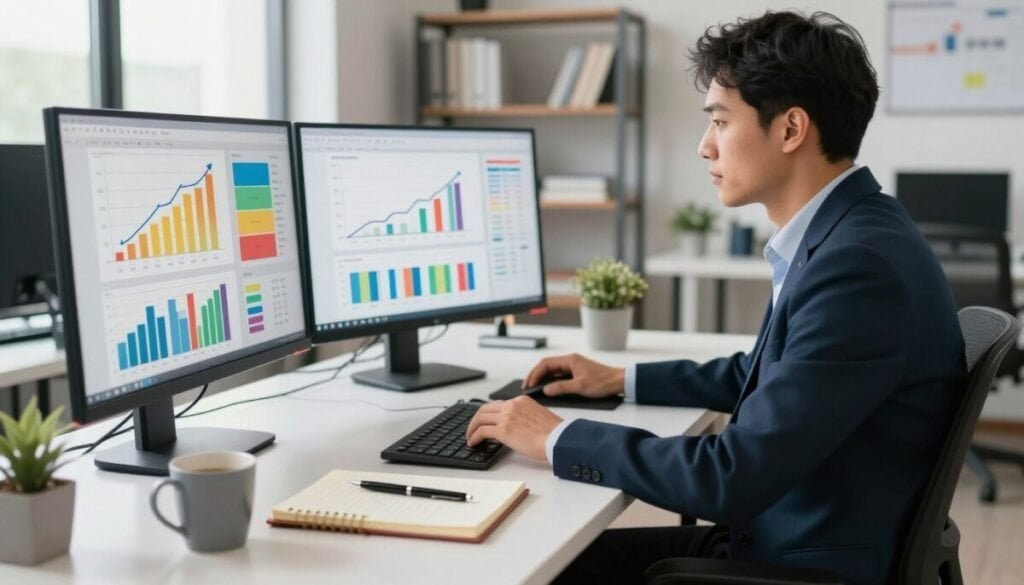 A professional workspace scene featuring a business analyst focused on tracking conversion rates, sitting at a modern desk with multiple computer monitors displaying colorful graphs and analytics dashboards. In the foreground, a thoughtfully arranged notebook and a pen, alongside a coffee mug to enhance the working atmosphere. The middle ground showcases the analyst, dressed in smart business attire, scrutinizing the data on screens filled with upward-trending metrics and key performance indicators. The background reveals an inspiring, well-lit office space with shelves of books and a large window letting in natural light, highlighting a productive and motivational environment. The overall mood is dynamic and focused, emphasizing the importance of measuring performance with key metrics in a professional setting. A professional workspace scene featuring a business analyst focused on tracking conversion rates, sitting at a modern desk with multiple computer monitors displaying colorful graphs and analytics dashboards. In the foreground, a thoughtfully arranged notebook and a pen, alongside a coffee mug to enhance the working atmosphere. The middle ground showcases the analyst, dressed in smart business attire, scrutinizing the data on screens filled with upward-trending metrics and key performance indicators. The background reveals an inspiring, well-lit office space with shelves of books and a large window letting in natural light, highlighting a productive and motivational environment. The overall mood is dynamic and focused, emphasizing the importance of measuring performance with key metrics in a professional setting.