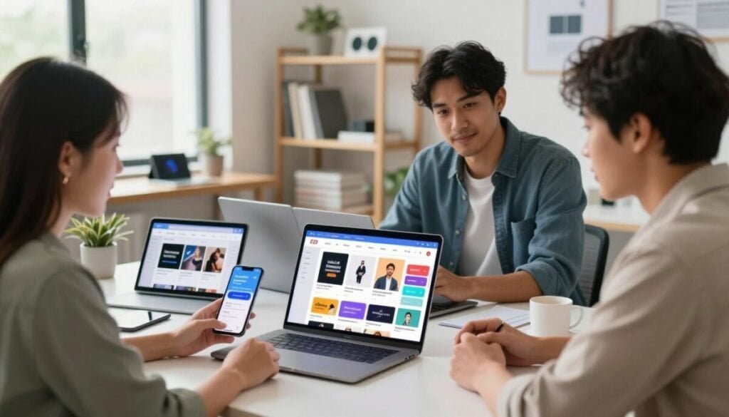 A professional workspace showcasing a digital product marketplace. In the foreground, a diverse group of three individuals in smart casual attire, engaged in a discussion around a laptop displaying a vibrant online store filled with digital products such as e-books, courses, and software. In the middle ground, various digital devices including tablets and smartphones can be seen, each showcasing different types of digital content. The background features a bright office environment with shelves displaying books and tech gadgets, symbolizing creativity and innovation. Soft, natural lighting filters through large windows, creating an inviting atmosphere. The scene captures a sense of collaboration and enthusiasm in the digital sales landscape, illustrating the concept of maximum product discovery in a modern marketplace. A professional workspace showcasing a digital product marketplace. In the foreground, a diverse group of three individuals in smart casual attire, engaged in a discussion around a laptop displaying a vibrant online store filled with digital products such as e-books, courses, and software. In the middle ground, various digital devices including tablets and smartphones can be seen, each showcasing different types of digital content. The background features a bright office environment with shelves displaying books and tech gadgets, symbolizing creativity and innovation. Soft, natural lighting filters through large windows, creating an inviting atmosphere. The scene captures a sense of collaboration and enthusiasm in the digital sales landscape, illustrating the concept of maximum product discovery in a modern marketplace.