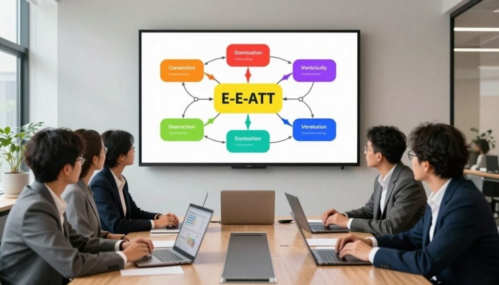 A professional workspace showcasing an authoritative content creation process. In the foreground, a diverse group of professionals in business attire, engaged in a collaborative discussion around a sleek conference table, surrounded by digital devices displaying graphs and data. In the middle ground, a large wall-mounted screen vividly displays a mind map emphasizing E-E-A-T principles in vibrant colors. The background features a modern office environment with large windows letting in natural light, casting soft shadows. The mood is focused and inspiring, conveying a sense of teamwork and creativity. The lighting is bright and even, with accents that highlight the professionals’ expressions of dedication and expertise in content development. A professional workspace showcasing an authoritative content creation process. In the foreground, a diverse group of professionals in business attire, engaged in a collaborative discussion around a sleek conference table, surrounded by digital devices displaying graphs and data. In the middle ground, a large wall-mounted screen vividly displays a mind map emphasizing E-E-A-T principles in vibrant colors. The background features a modern office environment with large windows letting in natural light, casting soft shadows. The mood is focused and inspiring, conveying a sense of teamwork and creativity. The lighting is bright and even, with accents that highlight the professionals’ expressions of dedication and expertise in content development.