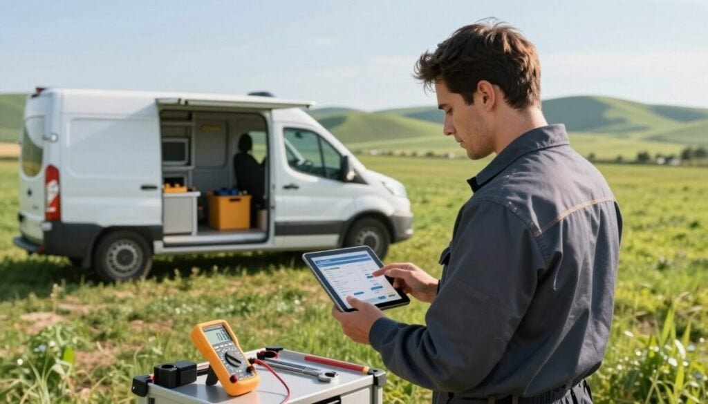 A remote technician in a professional outfit stands in a sunlit, open field, focused on a tablet displaying field service management software. In the foreground, tools like a digital multimeter and wrench are placed on a portable workbench. The middle ground features a mobile van equipped with tools and supplies, parked beside a lush green landscape. In the background, rolling hills stretch under a clear blue sky, symbolizing vast opportunities in the field. Soft, natural lighting highlights the technician’s concentration and the efficiency of mobile technology. The atmosphere is one of productivity and tranquility, reflecting the support and connectivity offered to remote teams through offline functionality. A remote technician in a professional outfit stands in a sunlit, open field, focused on a tablet displaying field service management software. In the foreground, tools like a digital multimeter and wrench are placed on a portable workbench. The middle ground features a mobile van equipped with tools and supplies, parked beside a lush green landscape. In the background, rolling hills stretch under a clear blue sky, symbolizing vast opportunities in the field. Soft, natural lighting highlights the technician’s concentration and the efficiency of mobile technology. The atmosphere is one of productivity and tranquility, reflecting the support and connectivity offered to remote teams through offline functionality.