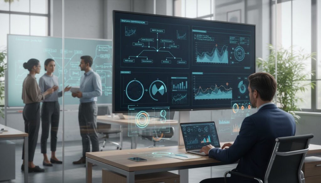 A serene, modern office space, showcasing a large digital screen displaying complex models of Bayesian Optimization and inference techniques like NUTS and MAP. In the foreground, a confident, professional individual in smart business attire is analyzing data on a laptop, surrounded by colorful data visualizations and flowcharts on the desk. The middle ground includes engaged team members discussing ideas, with transparent glass walls reflecting light, and greenery from outside suggesting innovation and a collaborative atmosphere. The background features a bright, well-lit environment with large windows, soft natural light filtering through, and sleek furniture. The overall mood is focused and inspiring, perfect for a tech-savvy audience deeply involved in advancing machine learning technologies. A serene, modern office space, showcasing a large digital screen displaying complex models of Bayesian Optimization and inference techniques like NUTS and MAP. In the foreground, a confident, professional individual in smart business attire is analyzing data on a laptop, surrounded by colorful data visualizations and flowcharts on the desk. The middle ground includes engaged team members discussing ideas, with transparent glass walls reflecting light, and greenery from outside suggesting innovation and a collaborative atmosphere. The background features a bright, well-lit environment with large windows, soft natural light filtering through, and sleek furniture. The overall mood is focused and inspiring, perfect for a tech-savvy audience deeply involved in advancing machine learning technologies.