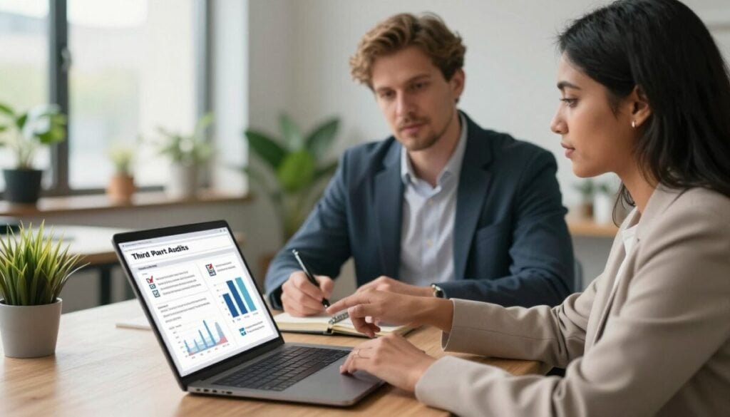 A serene office environment featuring a diverse group of three professionals engaged in a discussion over a digital report. In the foreground, one person, a South Asian woman in a tailored blazer, points at a document on a sleek laptop, showcasing a third-party audit report with graphs and checkmarks indicating trust and security. In the middle ground, a Caucasian man in smart casual attire listens intently, taking notes. The background reveals a modern workspace with plants and soft natural lighting filtering through large windows, creating a calm atmosphere. The setting conveys professionalism and collaboration, symbolizing the role of third-party audits in building trust, with a warm color palette that enhances the inviting feel of the scene. A serene office environment featuring a diverse group of three professionals engaged in a discussion over a digital report. In the foreground, one person, a South Asian woman in a tailored blazer, points at a document on a sleek laptop, showcasing a third-party audit report with graphs and checkmarks indicating trust and security. In the middle ground, a Caucasian man in smart casual attire listens intently, taking notes. The background reveals a modern workspace with plants and soft natural lighting filtering through large windows, creating a calm atmosphere. The setting conveys professionalism and collaboration, symbolizing the role of third-party audits in building trust, with a warm color palette that enhances the inviting feel of the scene.