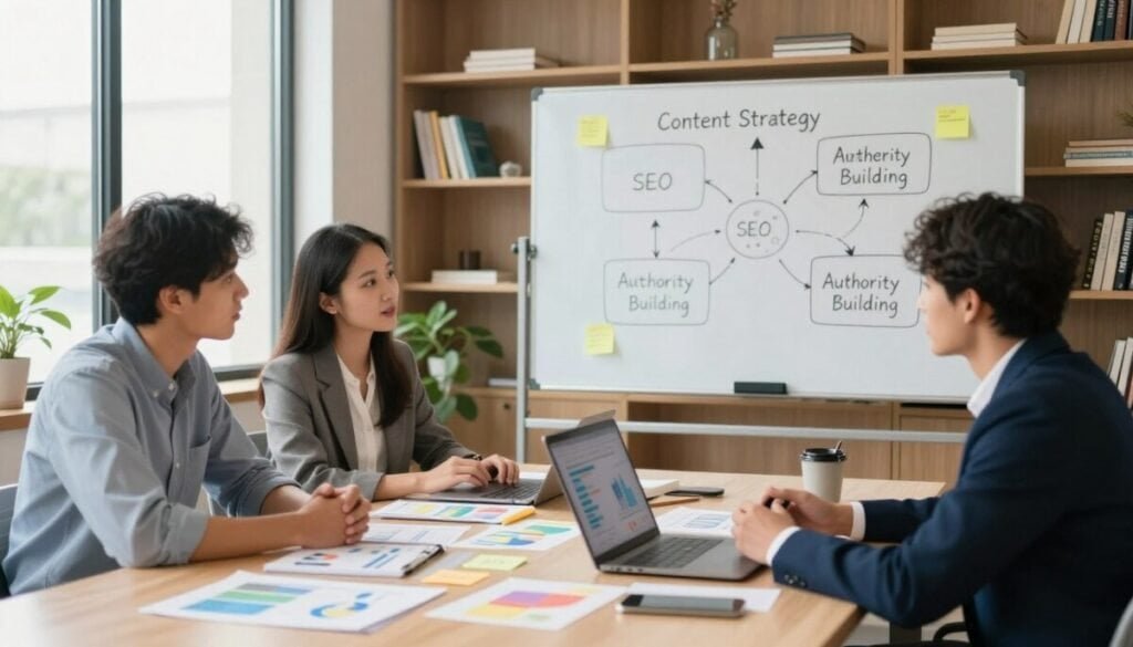 A serene office environment filled with natural light. In the foreground, a diverse group of three professionals, dressed in smart casual attire, are engaged in an animated discussion around a large table. They are surrounded by an array of colorful charts, sticky notes, and a laptop displaying analytics. In the middle ground, a large whiteboard features a mind map outlining key topics and niches like “Content Strategy,” “SEO,” and “Authority Building,” emphasizing clarity and organization. The background showcases a well-organized bookshelf filled with books on marketing and content creation, hinting at knowledge and expertise. The atmosphere is collaborative and focused, bathed in soft daylight that enhances creativity and determination, with a slight depth of field effect to draw attention to the group and their brainstorming session. A serene office environment filled with natural light. In the foreground, a diverse group of three professionals, dressed in smart casual attire, are engaged in an animated discussion around a large table. They are surrounded by an array of colorful charts, sticky notes, and a laptop displaying analytics. In the middle ground, a large whiteboard features a mind map outlining key topics and niches like “Content Strategy,” “SEO,” and “Authority Building,” emphasizing clarity and organization. The background showcases a well-organized bookshelf filled with books on marketing and content creation, hinting at knowledge and expertise. The atmosphere is collaborative and focused, bathed in soft daylight that enhances creativity and determination, with a slight depth of field effect to draw attention to the group and their brainstorming session.