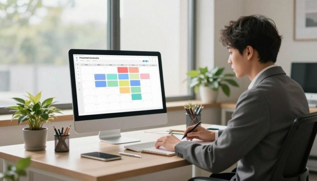 A serene office environment showcasing a focused individual sitting at a well-organized desk, equipped with a modern computer and planner. The foreground features the professional in smart business attire, deeply engaged in scheduling tasks while surrounded by plants and minimalistic decor. In the middle, a digital calendar interface displays color-coded blocks representing protected focus time, enhancing productivity visibility. The background reveals a large window, letting in soft, natural light that creates a calming atmosphere. Use a wide-angle lens to capture depth, with warm lighting that evokes concentration and serenity. The overall mood should reflect efficiency, tranquility, and professionalism, embodying the essence of smart scheduling practices for maintaining focus.