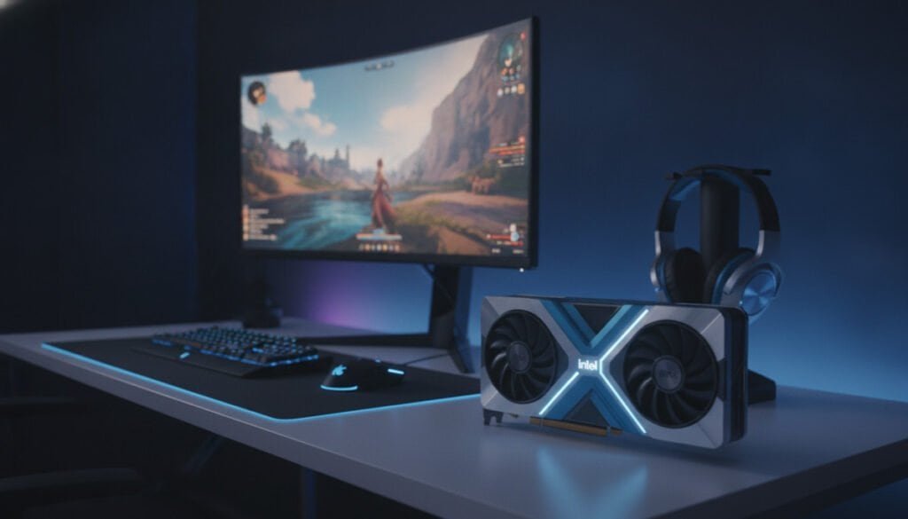 A sleek Intel Arc GPU prominently displayed in the foreground, with a striking blue and silver design that highlights its modern aesthetics. Surrounding the GPU, a clean gaming setup featuring a high-resolution monitor displaying a 1440p gaming scene, emphasizing vibrant colors and smooth graphics. In the background, darkened shadows enhance the focus on the GPU, while LED ambient lighting gently illuminates the workspace, creating a dynamic and energetic atmosphere. The camera angle is slightly above eye level, capturing the gaming setup in a professional light, with a shallow depth of field blurring distractions and emphasizing the gaming hardware's details. The overall mood is one of excitement and innovation, perfect for budget-conscious gamers seeking high performance.