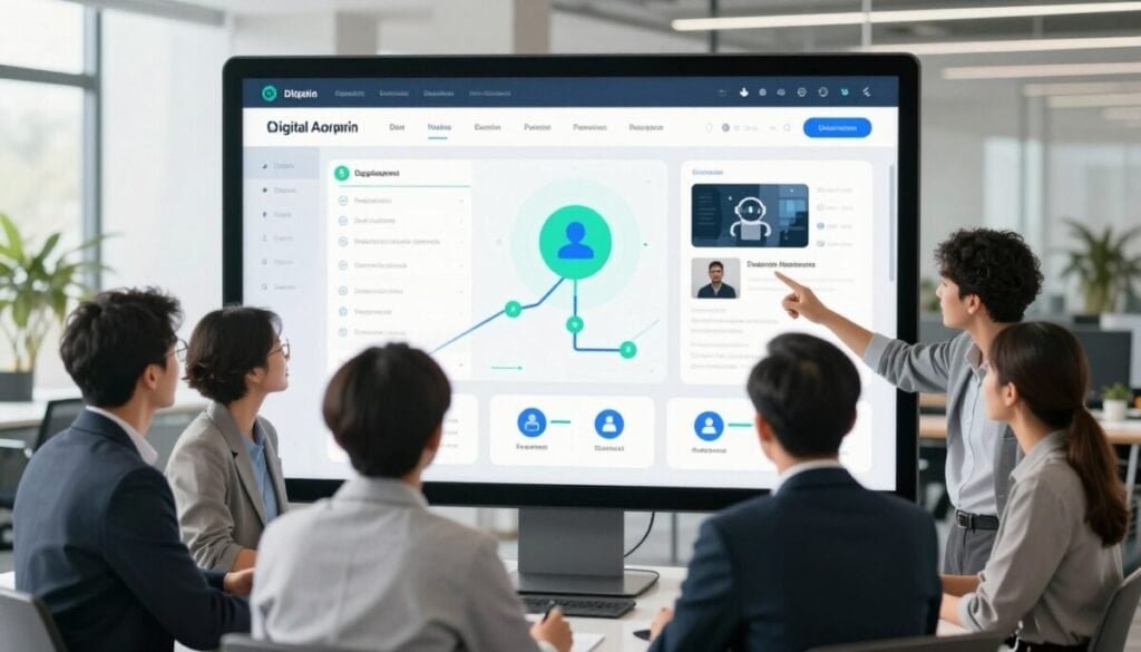 A sleek and modern digital adoption platform interface displayed on a large, futuristic touchscreen. In the foreground, a diverse team of professionals in business attire is engaged in a collaborative discussion, pointing at the interface which showcases analytics, user journey maps, and onboarding content. The middle ground features an array of digital tools and icons symbolizing user engagement, such as chatbots, instructional videos, and progress trackers. In the background, a contemporary office environment with large windows filtering natural light, creating a bright and optimistic atmosphere. The overall mood conveys innovation, teamwork, and a focus on seamless user experiences, captured from a slightly elevated angle to emphasize interaction. A sleek and modern digital adoption platform interface displayed on a large, futuristic touchscreen. In the foreground, a diverse team of professionals in business attire is engaged in a collaborative discussion, pointing at the interface which showcases analytics, user journey maps, and onboarding content. The middle ground features an array of digital tools and icons symbolizing user engagement, such as chatbots, instructional videos, and progress trackers. In the background, a contemporary office environment with large windows filtering natural light, creating a bright and optimistic atmosphere. The overall mood conveys innovation, teamwork, and a focus on seamless user experiences, captured from a slightly elevated angle to emphasize interaction.