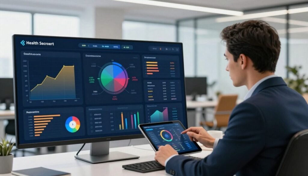 A sleek and modern digital dashboard displaying a health scoring system for customer success software. In the foreground, showcase vibrant graphs and charts indicating performance metrics, customer satisfaction scores, and engagement levels, all in a visually appealing design. The middle ground features a professional employee in business attire, analyzing the data on a tablet, surrounded by colorful data visualizations. In the background, a softly lit office environment with contemporary furniture enhances the professional atmosphere. The overall mood conveys efficiency and innovation, with bright lighting that highlights the data and adds a sense of optimism. Use a wide-angle perspective to encompass the dynamic interaction between the employee and the digital interface.