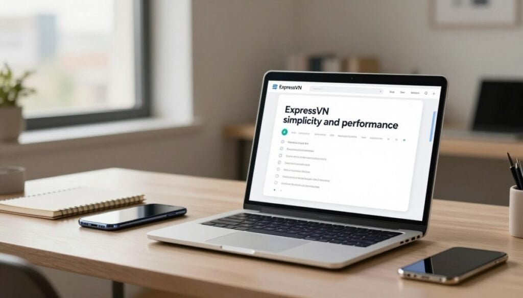 A sleek and modern digital workspace illustrating the concept of "ExpressVPN simplicity and performance." In the foreground, a laptop with a clear, user-friendly VPN interface displayed on the screen. Surrounding the laptop are essential remote work tools like a smartphone and a notepad. The middle ground features a minimalistic, stylish desk setup with soft ambient lighting that creates a warm and inviting atmosphere. In the background, a window shows a blurred cityscape, hinting at travel and connectivity. Use bright but soft lighting to suggest a sense of clarity and efficiency, with a slight depth of field effect to focus on the foreground. The overall mood is professional and empowering, embodying ease of use and top-tier performance in remote work scenarios. A sleek and modern digital workspace illustrating the concept of "ExpressVPN simplicity and performance." In the foreground, a laptop with a clear, user-friendly VPN interface displayed on the screen. Surrounding the laptop are essential remote work tools like a smartphone and a notepad. The middle ground features a minimalistic, stylish desk setup with soft ambient lighting that creates a warm and inviting atmosphere. In the background, a window shows a blurred cityscape, hinting at travel and connectivity. Use bright but soft lighting to suggest a sense of clarity and efficiency, with a slight depth of field effect to focus on the foreground. The overall mood is professional and empowering, embodying ease of use and top-tier performance in remote work scenarios.