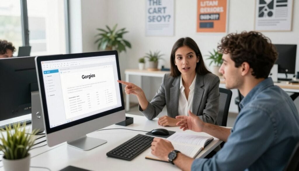 A sleek and modern help desk workspace featuring Gorgias software on a bright computer screen. In the foreground, a diverse team of three professionals—two women and one man—are engaged in a collaborative discussion. The woman on the left, wearing a smart blazer, points at the screen with enthusiasm, while the man gestures to an open notebook filled with notes. The middle ground showcases elegant office furniture with potted plants and motivational posters on the walls. In the background, large windows allow natural light to flood the space, creating an inviting atmosphere. The lighting is bright and airy, emphasizing the productive energy of the workspace. The camera angle is slightly elevated, capturing the vibrancy of the team and their modern environment in this ecommerce-focused setting.