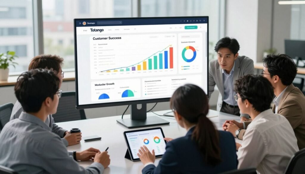 A sleek and modern office space showcasing the Totango customer success platform on a large screen. In the foreground, a diverse group of professionals in business attire collaborates over a digital tablet, analyzing customer data metrics, with expressions of focus and determination. In the middle ground, the large screen displays colorful graphs and charts representing growth and customer engagement, emphasizing rapid implementation and modular growth features. The background features large windows with city views, letting in soft natural light that creates a bright, inspiring atmosphere. Soft shadows and reflections add depth to the scene. The angle is slightly overhead, capturing the energy and collaboration among the team as they strategize using the Totango platform.
