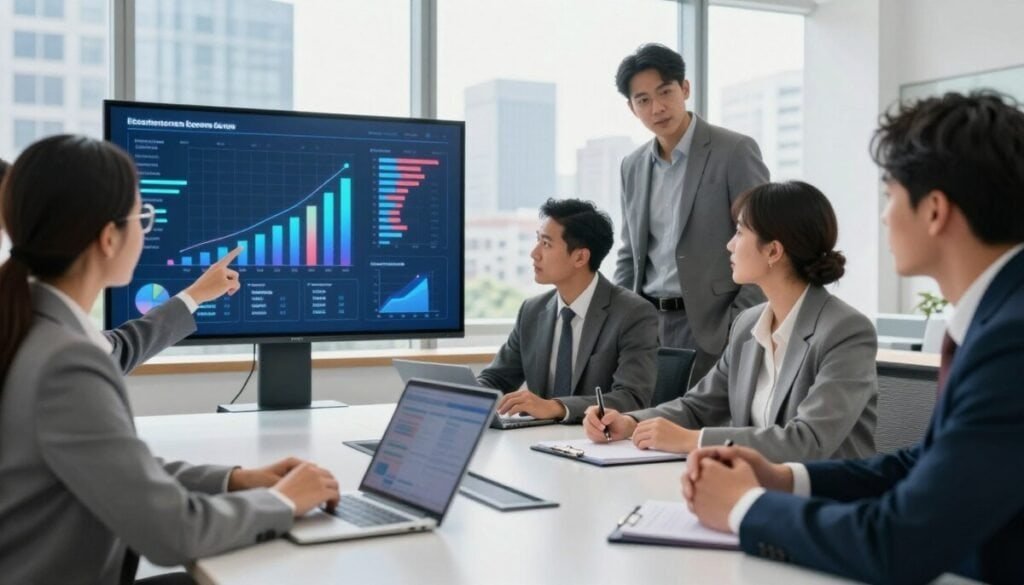 A sleek and modern workspace scene, where a diverse group of professionals in business attire gather around a high-tech conference table. In the foreground, a woman with glasses points at a large digital touchscreen displaying vibrant graphs and analytics that highlight essential B2B growth metrics such as customer acquisition cost, lifetime value, and conversion rates. In the middle ground, a man takes notes on a tablet, while another colleague discusses insights with an engaged expression. The background features a large window with a city skyline, providing natural sunlight that creates a bright and inspiring atmosphere. The image captures a collaborative mood, emphasizing professionalism and innovation, suitable for an analytical discussion on growth metrics. A sleek and modern workspace scene, where a diverse group of professionals in business attire gather around a high-tech conference table. In the foreground, a woman with glasses points at a large digital touchscreen displaying vibrant graphs and analytics that highlight essential B2B growth metrics such as customer acquisition cost, lifetime value, and conversion rates. In the middle ground, a man takes notes on a tablet, while another colleague discusses insights with an engaged expression. The background features a large window with a city skyline, providing natural sunlight that creates a bright and inspiring atmosphere. The image captures a collaborative mood, emphasizing professionalism and innovation, suitable for an analytical discussion on growth metrics.