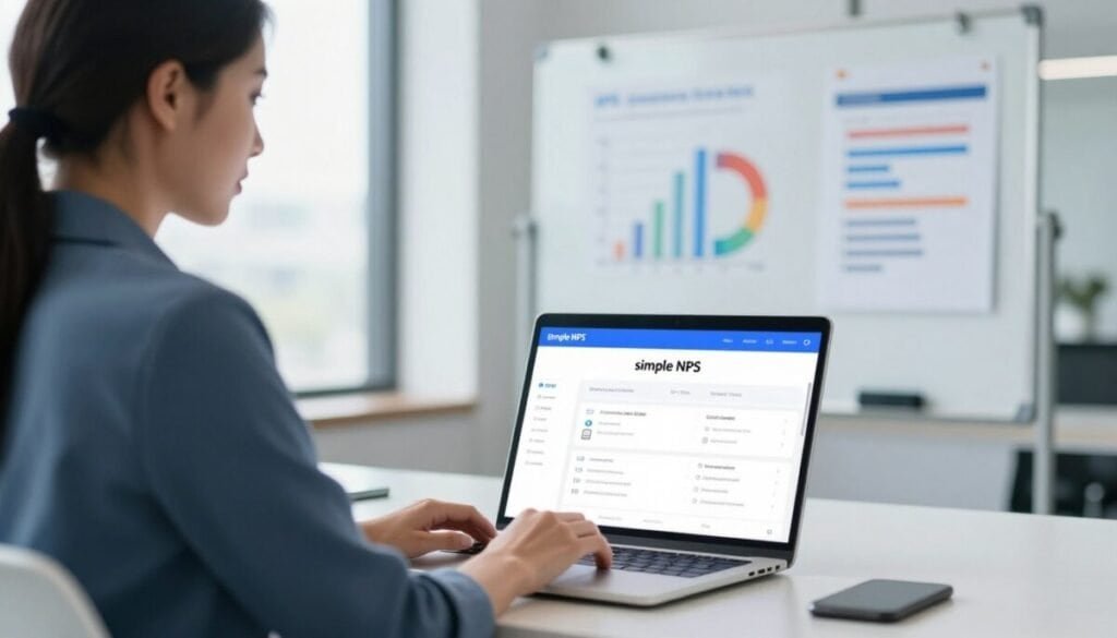 A sleek, modern office environment captures the essence of "simple NPS" survey software. In the foreground, a professional businesswoman in smart attire is engaged with a laptop displaying a clean, intuitive NPS interface. The middle ground features a whiteboard with colorful charts highlighting survey results, reflecting a balance between simplicity and analytical power. In the background, large windows allow for natural light to flood the space, creating a bright and inviting atmosphere. The color palette combines soft blues and whites, invoking a sense of clarity and focus. The angle captures the interaction between the user and the software, emphasizing user-friendliness and efficient design, all while conveying a professional yet approachable mood.
