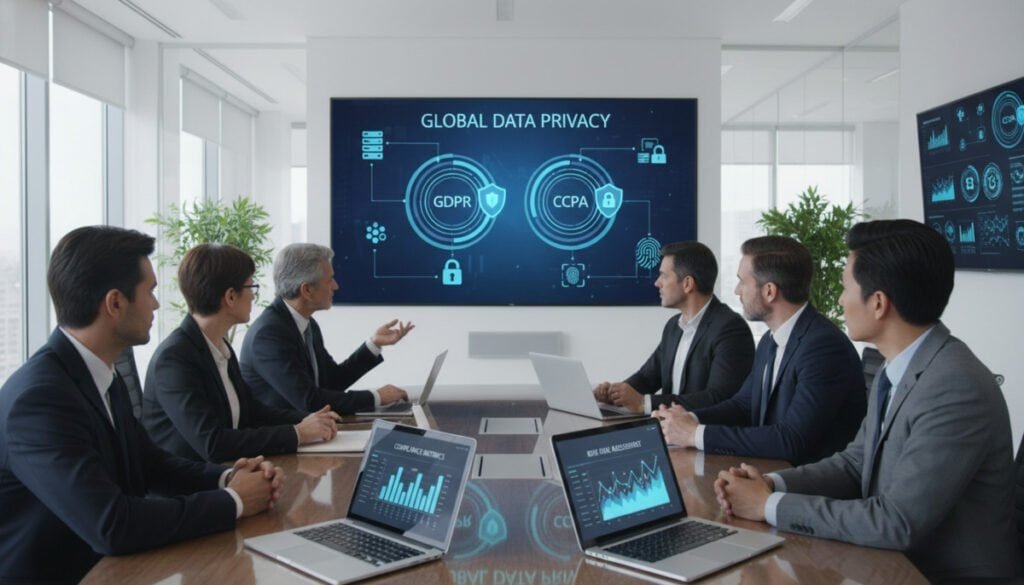 A sleek, modern office environment filled with digital screens displaying charts and graphs representing data protection regulations and compliance best practices. In the foreground, a diverse group of professionals in business attire, seated around a polished conference table, engaged in a focused discussion. In the middle, a large projector screen showcases a visual representation of key compliance frameworks, such as GDPR and CCPA, with icons of shields and locks symbolizing data security. The background features contemporary office decor, with plants and clear glass walls allowing natural light to flow in, creating a collaborative atmosphere. The lighting is bright and professional, emphasizing the importance of data protection. The overall mood is one of diligence and proactive engagement with compliance strategies.