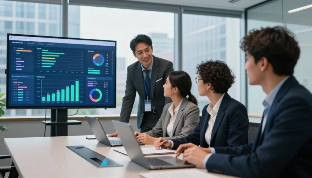 A sleek, modern office environment focused on analytical performance insights. In the foreground, a diverse group of three professionals in business attire collaborates over a large digital screen displaying colorful graphs and metrics, symbolizing LinkedIn analytics data. In the middle, a polished conference table featuring laptops and documents, enhancing the tech-savvy atmosphere. The background reveals floor-to-ceiling windows with a city skyline, allowing natural light to fill the space, creating a vibrant and optimistic mood. Soft blue and green lighting highlights the digital elements, while a shallow depth of field emphasizes the team in action, capturing their engaged expressions and dynamic interaction. A sleek, modern office environment focused on analytical performance insights. In the foreground, a diverse group of three professionals in business attire collaborates over a large digital screen displaying colorful graphs and metrics, symbolizing LinkedIn analytics data. In the middle, a polished conference table featuring laptops and documents, enhancing the tech-savvy atmosphere. The background reveals floor-to-ceiling windows with a city skyline, allowing natural light to fill the space, creating a vibrant and optimistic mood. Soft blue and green lighting highlights the digital elements, while a shallow depth of field emphasizes the team in action, capturing their engaged expressions and dynamic interaction.