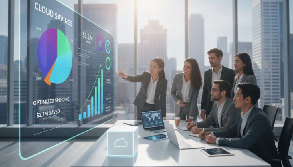 A sleek, modern office environment focusing on cloud cost management tools. In the foreground, a large, interactive screen displays colorful graphs and data analytics, showcasing cloud savings and expenses with vivid clarity. To the side, a diverse group of professionals in smart business attire, deeply engaged in discussion while pointing at the data, emphasize collaboration. The middle ground features a sleek desk cluttered with cloud-related devices like laptops and tablets, all showcasing analytics dashboards. The background includes large windows revealing a bright, sunny cityscape, conveying a sense of transparency and growth. Use bright, natural lighting with a slight lens flaring effect to create a vibrant and hopeful atmosphere, highlighting innovation in cloud optimization. A sleek, modern office environment focusing on cloud cost management tools. In the foreground, a large, interactive screen displays colorful graphs and data analytics, showcasing cloud savings and expenses with vivid clarity. To the side, a diverse group of professionals in smart business attire, deeply engaged in discussion while pointing at the data, emphasize collaboration. The middle ground features a sleek desk cluttered with cloud-related devices like laptops and tablets, all showcasing analytics dashboards. The background includes large windows revealing a bright, sunny cityscape, conveying a sense of transparency and growth. Use bright, natural lighting with a slight lens flaring effect to create a vibrant and hopeful atmosphere, highlighting innovation in cloud optimization.