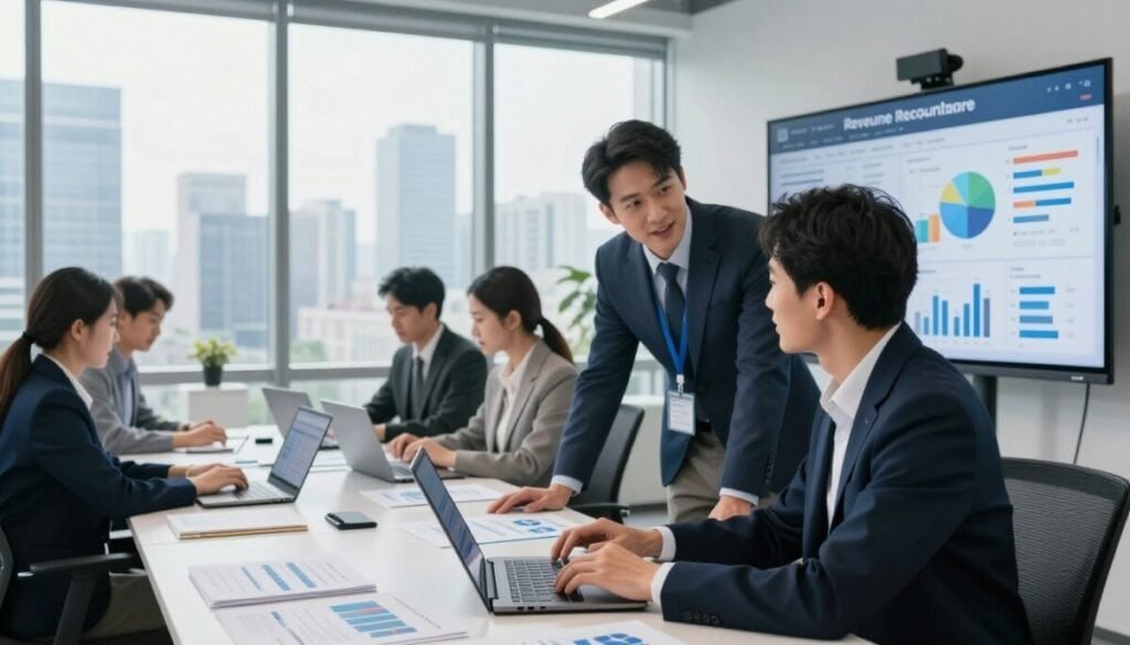 A sleek, modern office environment showcasing a diverse team of finance professionals engaged in analyzing revenue recognition software on large screens. In the foreground, a male and female team member, dressed in professional business attire, intensely discuss data displayed on a digital dashboard filled with colorful charts and graphs. In the middle ground, additional colleagues collaborate at a table with laptops open, surrounded by documents and charts. The background features a contemporary window view of a city skyline, with bright, natural light flooding the room, creating an uplifting atmosphere. The scene conveys focus, teamwork, and innovation. The overall mood is optimistic and professional, with a clear emphasis on collaboration and productivity in a finance setting. A sleek, modern office environment showcasing a diverse team of finance professionals engaged in analyzing revenue recognition software on large screens. In the foreground, a male and female team member, dressed in professional business attire, intensely discuss data displayed on a digital dashboard filled with colorful charts and graphs. In the middle ground, additional colleagues collaborate at a table with laptops open, surrounded by documents and charts. The background features a contemporary window view of a city skyline, with bright, natural light flooding the room, creating an uplifting atmosphere. The scene conveys focus, teamwork, and innovation. The overall mood is optimistic and professional, with a clear emphasis on collaboration and productivity in a finance setting.